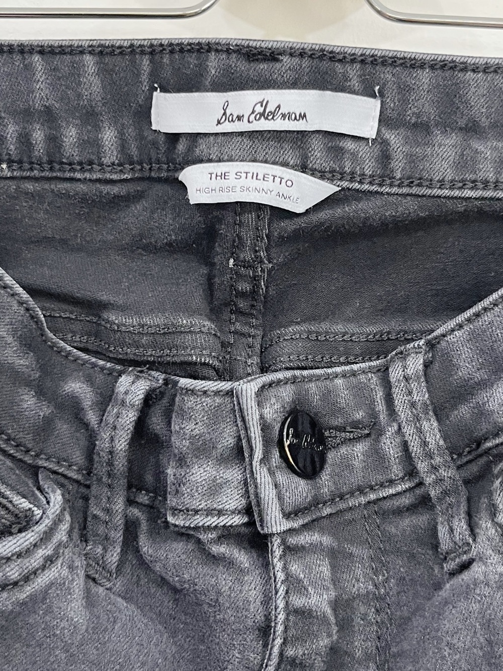 Sam Edelman Stiletto High Rise Skinny Ankle Jeans Black Coated Raw Hem Size 26 - Picture 9 of 11